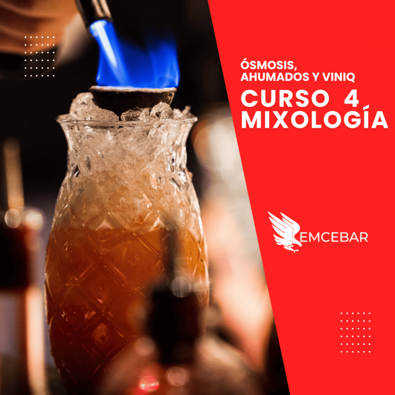 Se prende fuego a un vaso con una bebida mezclada con hielo. La imagen promociona "Mixología 4. Ósmosis, Ahumados y Viniq" de EMCEBAR, una prestigiosa escuela de mixología.