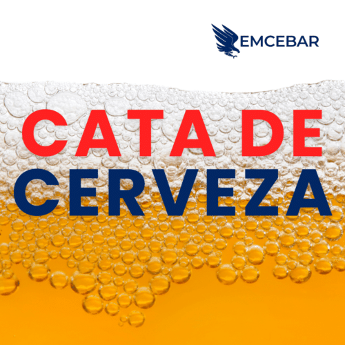 Primer plano de una cerveza con burbujas subiendo a la superficie. El texto "Cata de Cerveza" junto con el nombre "EMCEBAR" y un logotipo de águila en la esquina superior derecha capturan perfectamente la esencia de una experiencia Cata de Cerveza.