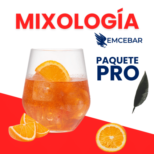 Al lado se coloca un vaso de un cóctel de naranja helado adornado con una rodaja de naranja, acompañada de una parte de naranja y otra rodaja de naranja. El texto dice "MIXOLOGÍA", "EMCEBAR" y "PAQUETE MIXOLOGÍA PRO" con un gráfico de plumas, destacando el estilo de los cursos de mixología molecular.