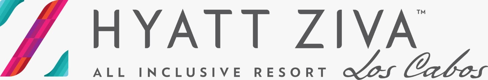 Logotipo de Hyatt Ziva Los Cabos. Líneas coloridas forman una 'Z' estilizada a la izquierda y el texto dice "HYATT ZIVA All Inclusive Resort Los Cabos" en gris.
